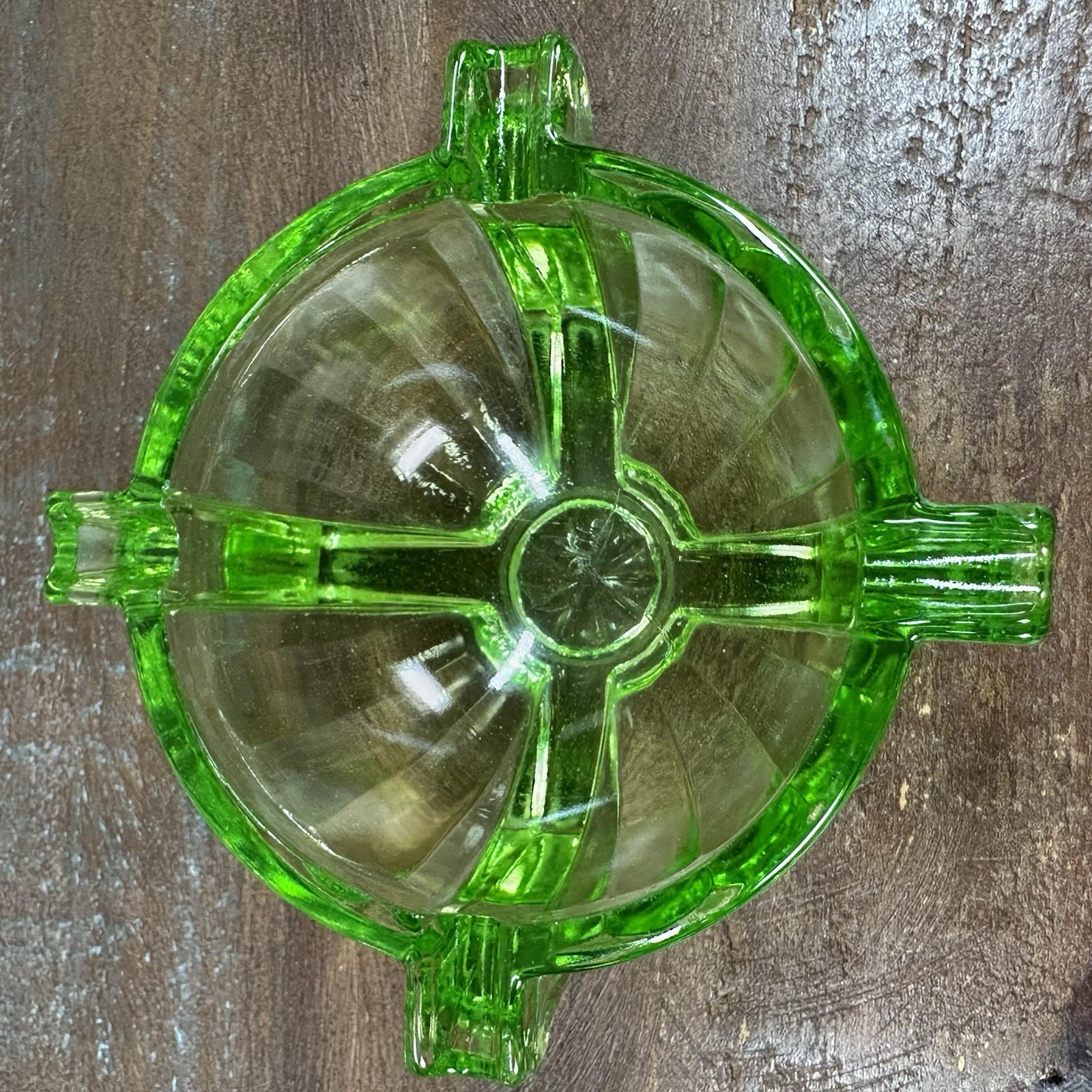 1930s Fry Glass Uranium Ashtray Green Depression Glass Rocket Atomic Era Glows