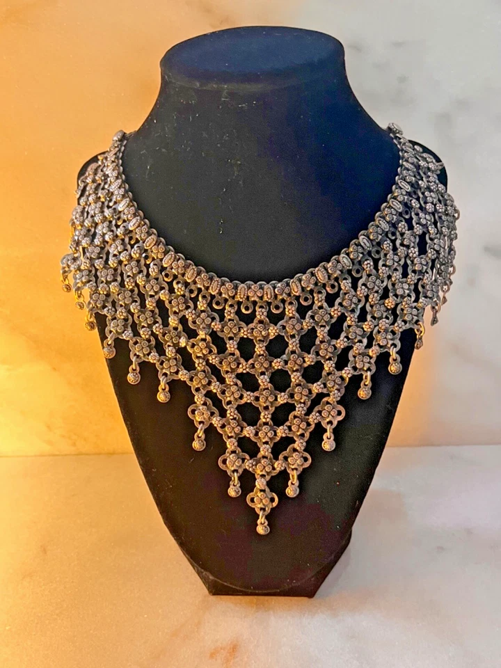Vtg Mesh Flower Dangling Bells Necklace Bib Collar Gypsy Statement Ethnic 17.5 " - Image 2 of 4