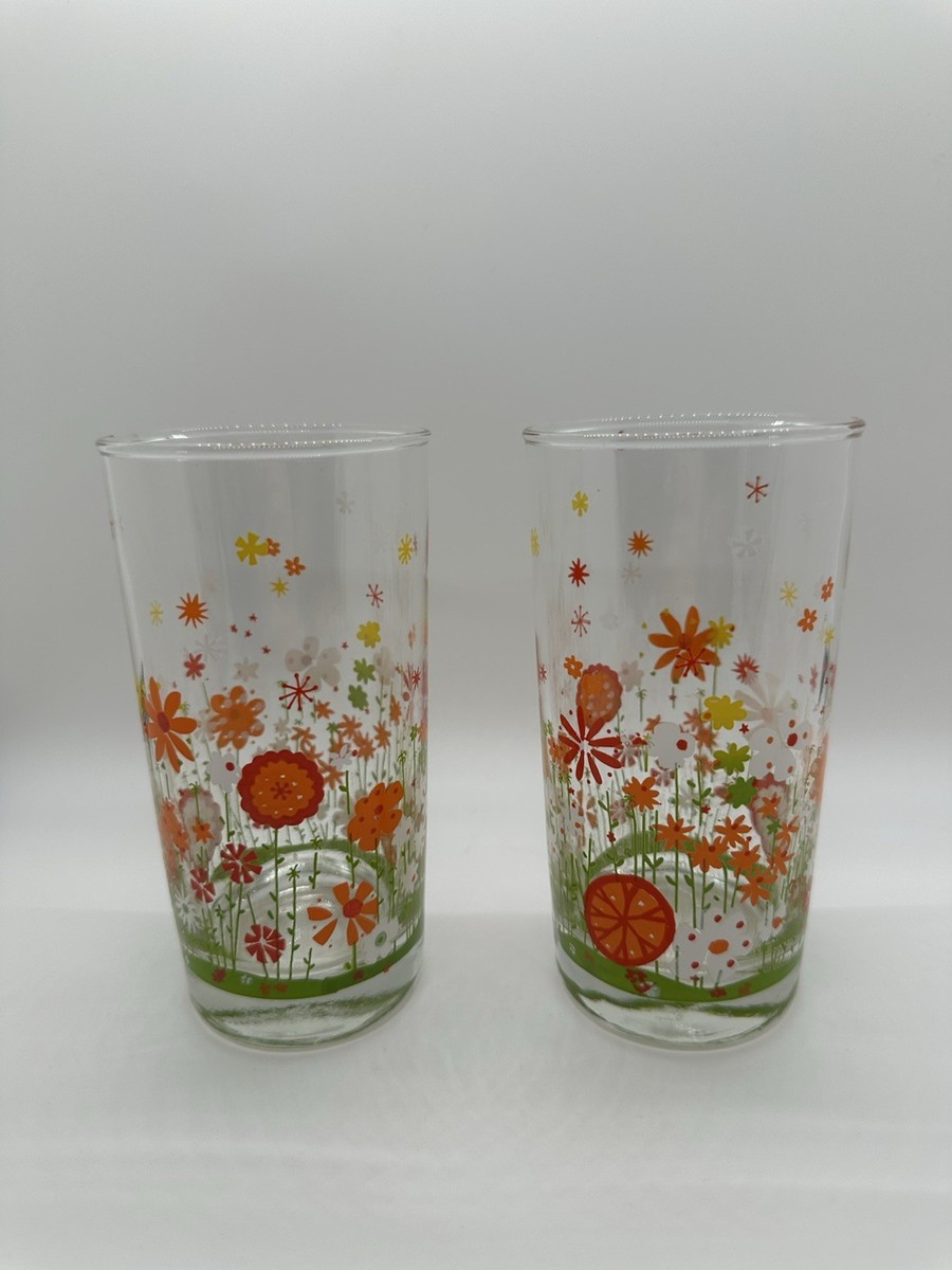 Vintage Set Of 2 Retro 70's Flower Drinking Glasses Orange Yellow Red Green  | eBay