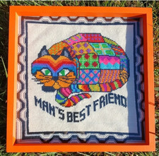 Vintage Man's Best Friend Cat Needlepoint In Orange Shadowbox Frame