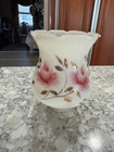 Glass Lamp Shade Globe Hand Painted Roses Gold Trim Milk Glass Ruffle Top VNTG