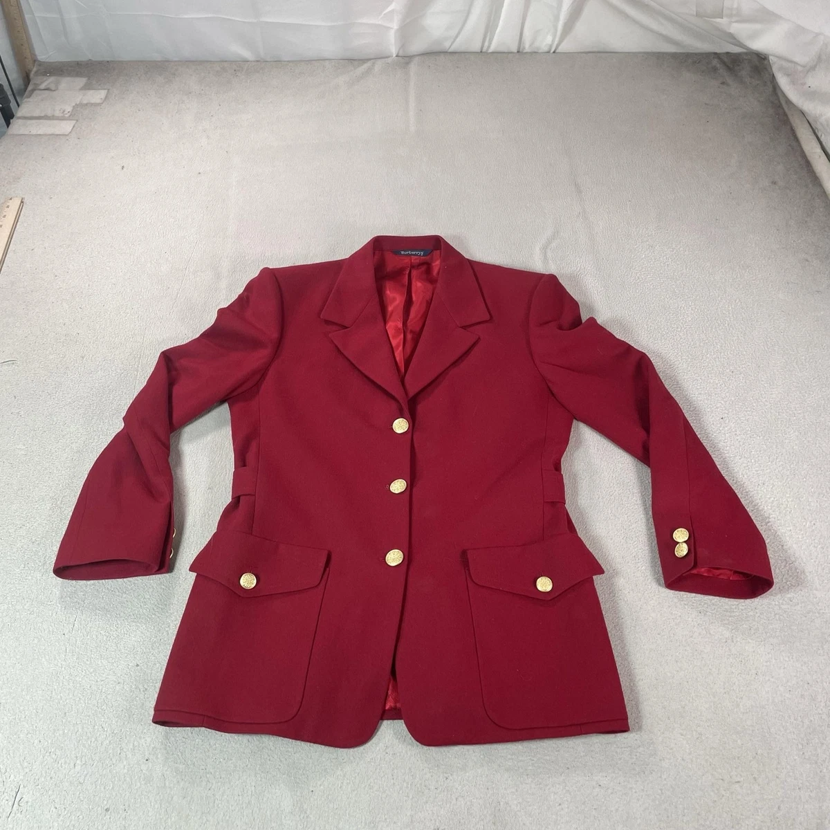 Chaqueta Blazer Vintage Burberrys Para Mujer 8 M Rojo Lana Dorado Botón Dinero Antiguo Preppy