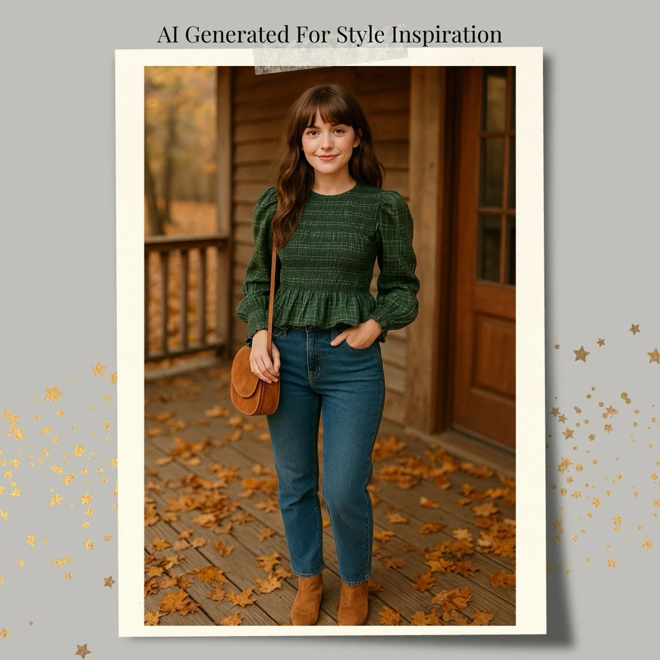 Blusa Campesina Universal Hilo Cuadros Calado Peplum Top XS Verde Manga Larga Foto 3 de 4