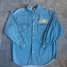 1992 Looney Tunes Embroidered Patch Warner Bros Denim Shirt, Top Line USA XL 90s