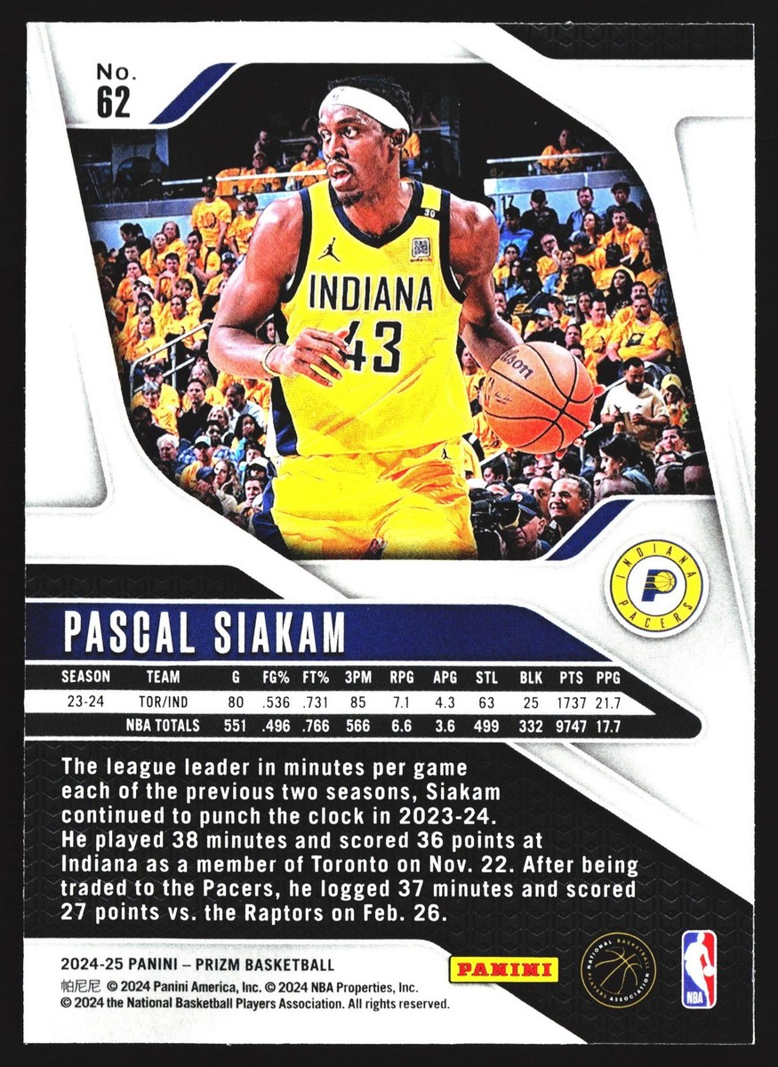 Pascal Siakam 2024-25 Panini Prizm Indiana Pacers Card No.62