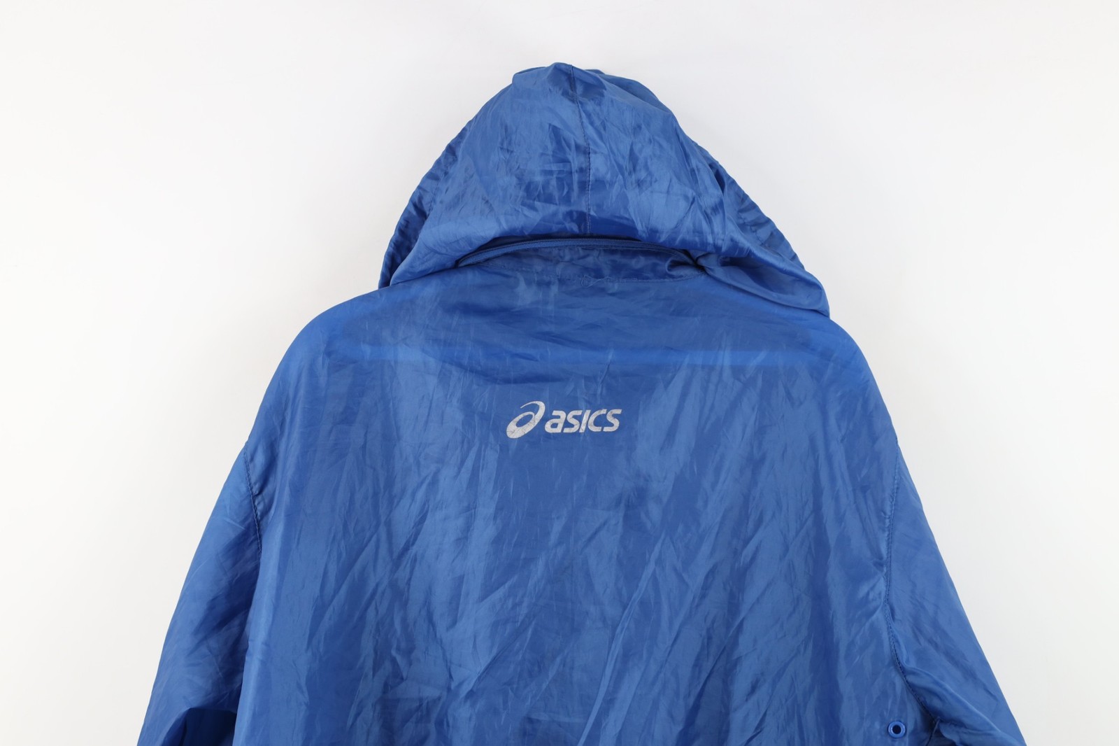 Vintage 90s ASICS Womens XL Distressed Spell Out Hooded Windbreaker Jacket Blue thumbnail 17