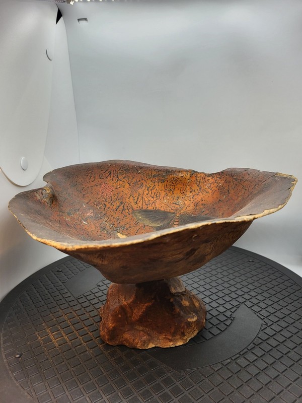 Antique Japanese Live Edge Wood Burrow Pedestal Bowl Butterfly Inlays  Signed