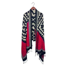 DX Dana Xu Abstract Print Wool Shawl Scarf Black Red Cream