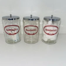 Set/3 Vintage Farmhouse Style Glasco Medical Apothecary Jar BANDAGES Red Letters