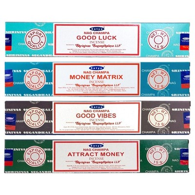 4-Pack Luck and Money Sampler Satya Nag Champa Incense Sticks 15g Packs