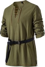Men's Renaissance Costume Retro Lace Up Shirts for Pirate Viking Medieval LARGE