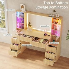 Vanity, Fluted Wood Makeup Vanity Desk with Mirror and Sound Sync LED Lights, La