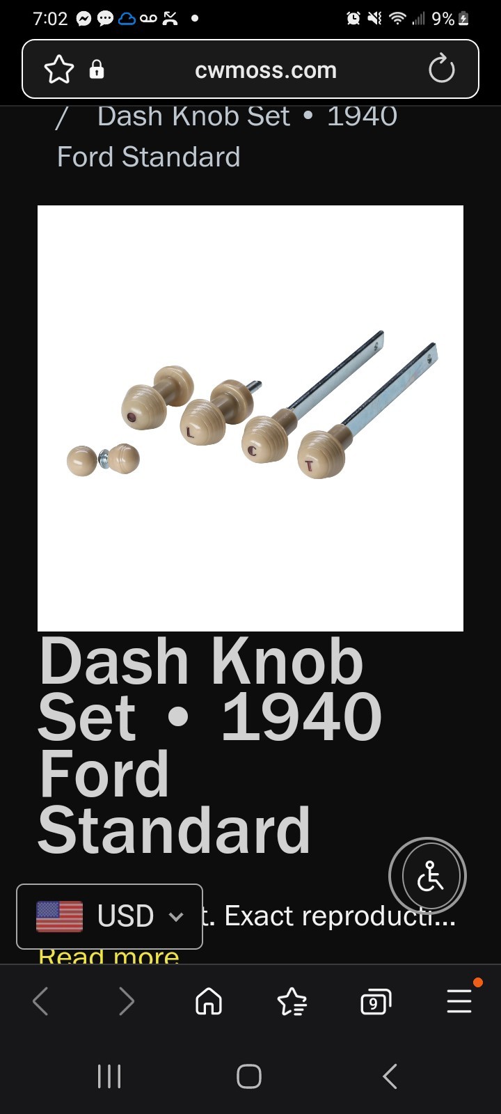 1949 Ford Dash Knob Kit.....push Botton Starter Button.....window Knobs......