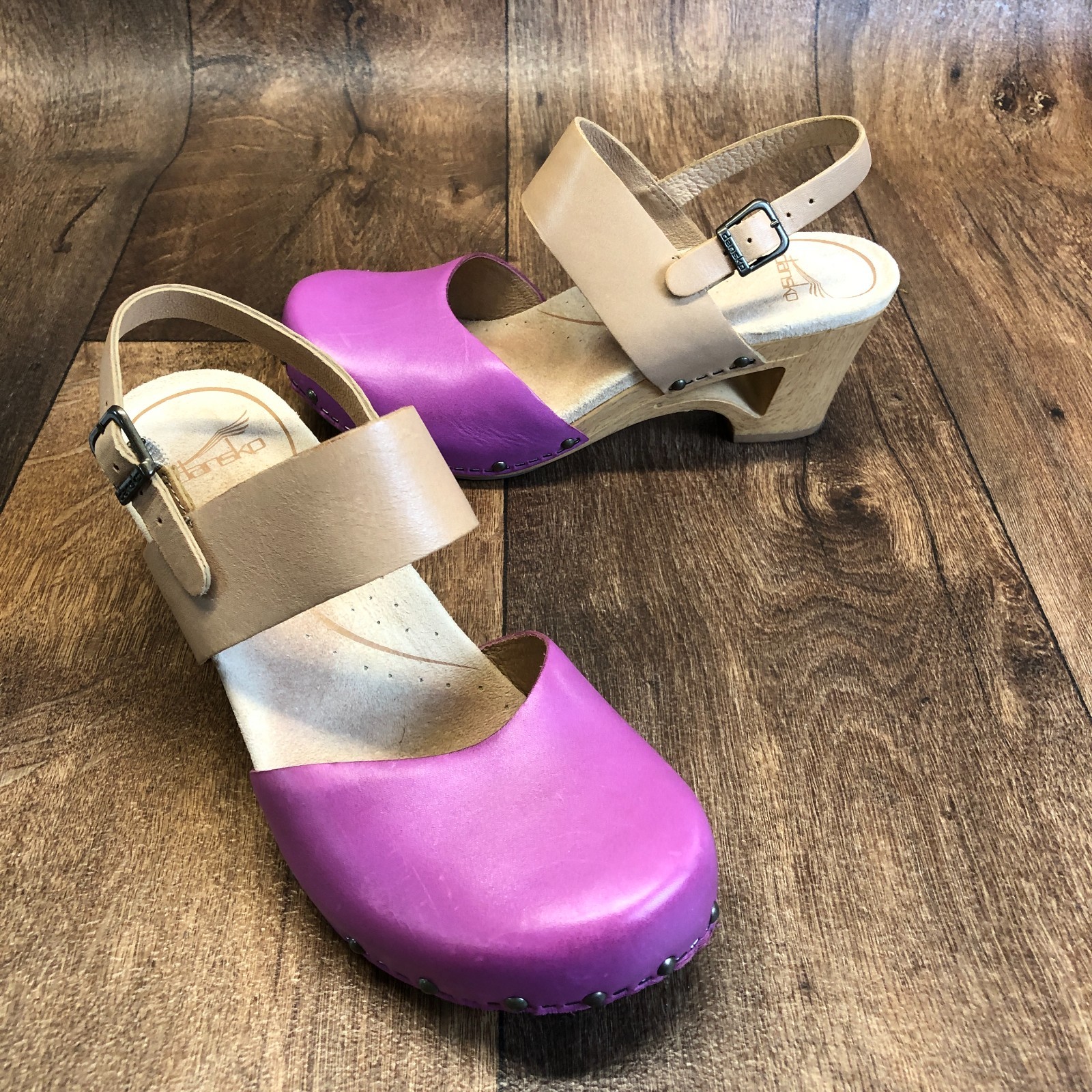 Dansko Thea Mary Jane Studded Two-Tone Ankle Strap Leather Clog Wooden Heel 39