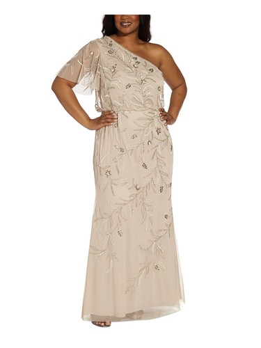 ADRIANNA PAPELL Womens Beige Lined Beadwork Flutter Sleeve Dress Plus 18W