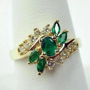Authentic Marquise Lab Created Emerald Full Finger Diamond Ring 14K Yellow Gold Plated
