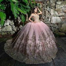 Pink Quinceanera Dresses Beaded 16 Dress Ball Gown Gold Lace Appliqued Pageant