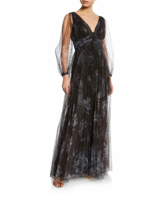 Marchesa Notte Floral-Print Pleated V-Neck Bishop-Sleeve Tulle Gown | eBay