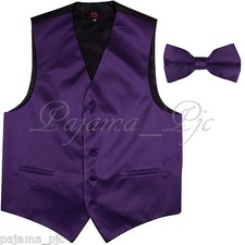 Deep Purple Solid Vest Waistcoat and Straight Cut Bow Tie Suit or Tuxedo Wedding