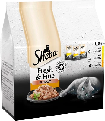 Sheba Cat Wet Food - Fresh and Fine-Cat Pouches Poultry in Gravy -3 X 15 X 50 G
