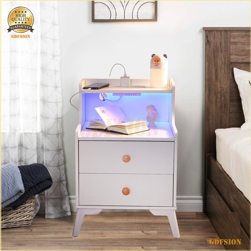 Nightstands Set Of 2 With Charging Station LED Bedside Tables White/Brown/Black - Picture 32 of 54