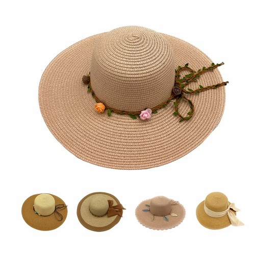 Empire Cove Womens Wide Brim Straw Hat Sun Hat Panama Fedora Bead Chain Tan, Women's, Size: One Size
