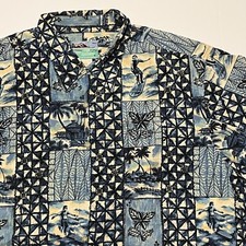 VINTAGE Reyn Spooner XL Scenes of Hawaii Surfing Hawaiian Island Aloha Shirt Blu