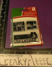 HAPPY HOLIDAYS MERRY CHRISTMAS 3 CLING ACRYLIC CLEAR STAMPS INKADINKADO CREAKYAT