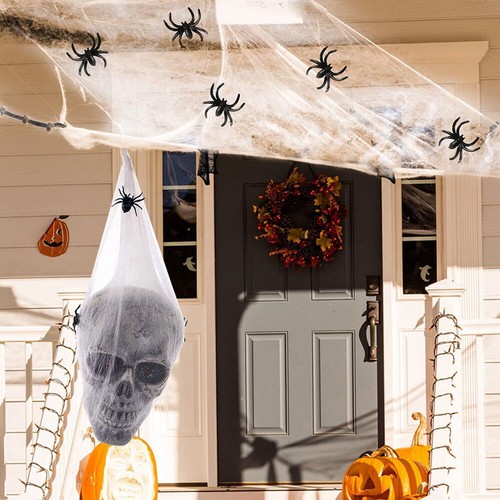Halloween Animated Hanging Skulls Head Covered with Spider Webs GN - Picture 5 of 16