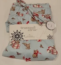 Tranquil & True Pajama Pants XL Women's Tapered Pant Blue With Pug Dog And Gifts