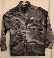 Boys Adidas Long Sleeve Full Zip Track Jacket Size 5 Black Gray Camo Pattern EUC