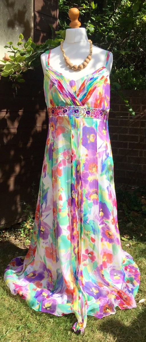Monsoon Long Dress Maxi -100% SILK, Bright Multicolours, Floral
