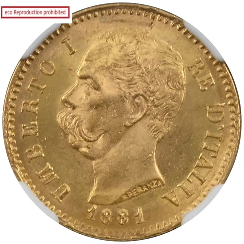 Italy 1881R Umberto I 20 Lira Gold Coin NGC MS64