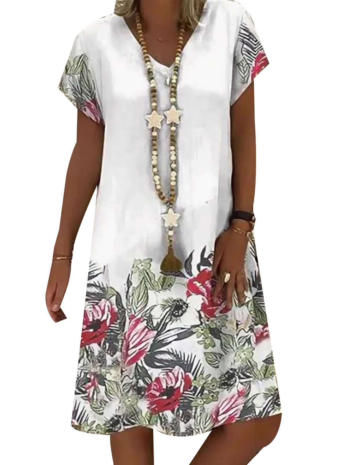 Women's Boho Floral Print V Neck Dress Ladies Summer Holiday Casual ...