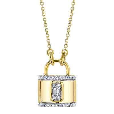 Natural Diamond Lock Necklace 14K Yellow Gold 0.12 CT Baguette Round Cut