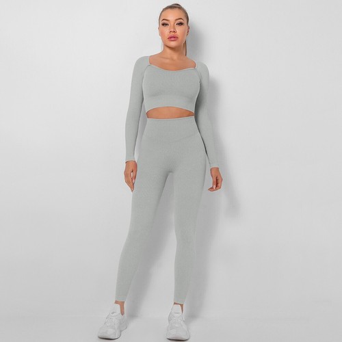 Damen 2-teilig Yoga Outfits nahtlos gerippt passend Fitness-Studio Kleidung Training Sets - Bild 79 von 124