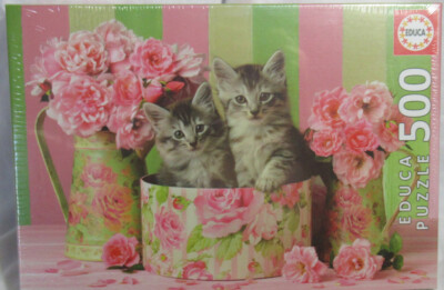 Educa 500 Jigsaw Puzzle KITTENS WITH ROSES 2 gray tabby pink yellow green
