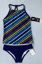 Speedo Girl's Two Piece Blue Striped Swimsuit Size 12