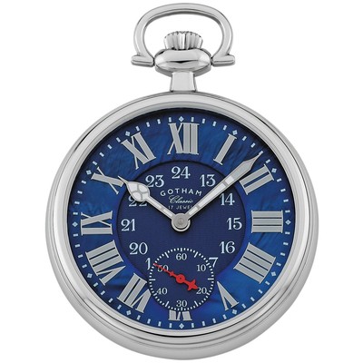 Gotham Men's Stainless Steel Open Face 17 Jewel Mechanical Pocket Watch