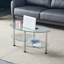 Oval-Shaped Glass Tea Table for Office, 3-Tier Modern Coffee Table, End Table...