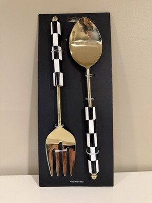 Black & White Checkered Salad Server Set Serving Spoon Fork Gold Tone Makenzie