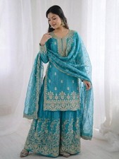 New Designer Heavy Silk Sky Blue Top Palazzo With Dupatta For Indian Party Wear