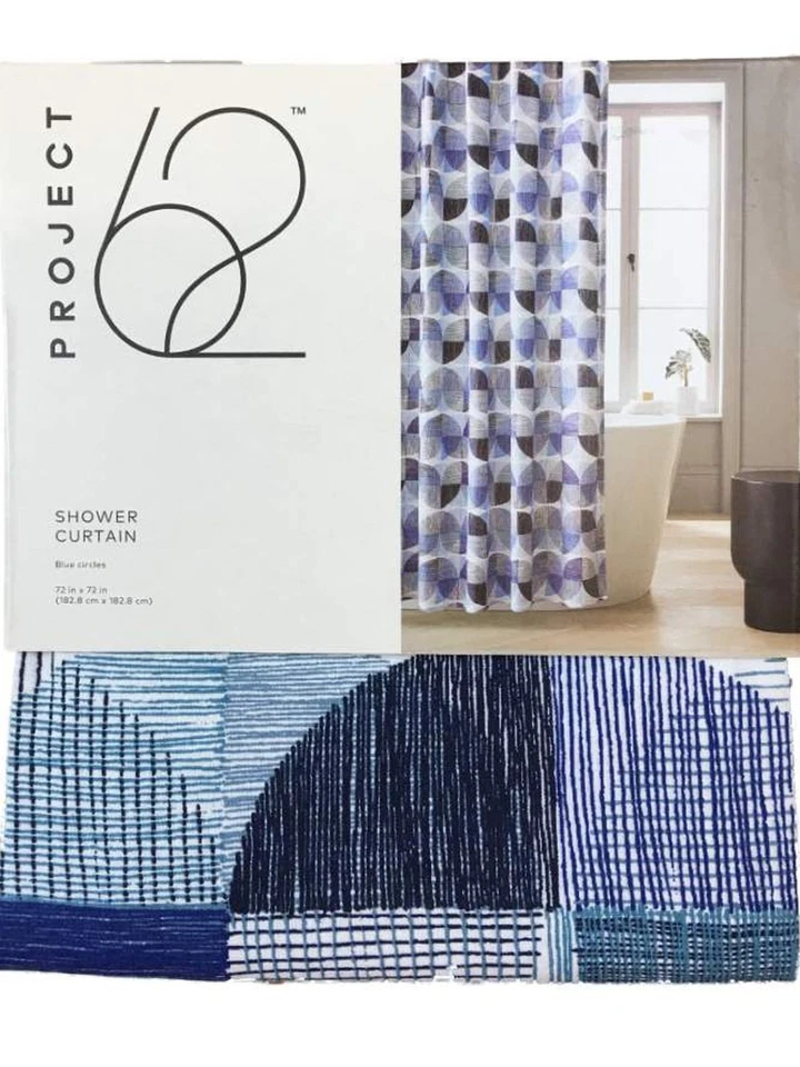 Cortina de Ducha Project 62 Azul Círculo Tela Geométrica, Decoración Baño Algodón Foto 2 de 2