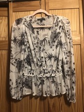 INC International Concepts Black And Cream Floral Blouse, Elastic At Waist S-Sml