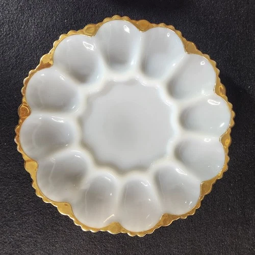 Vintage 10" Milk Glass Deviled Egg Plate Gold Trim Edging Capacity 12