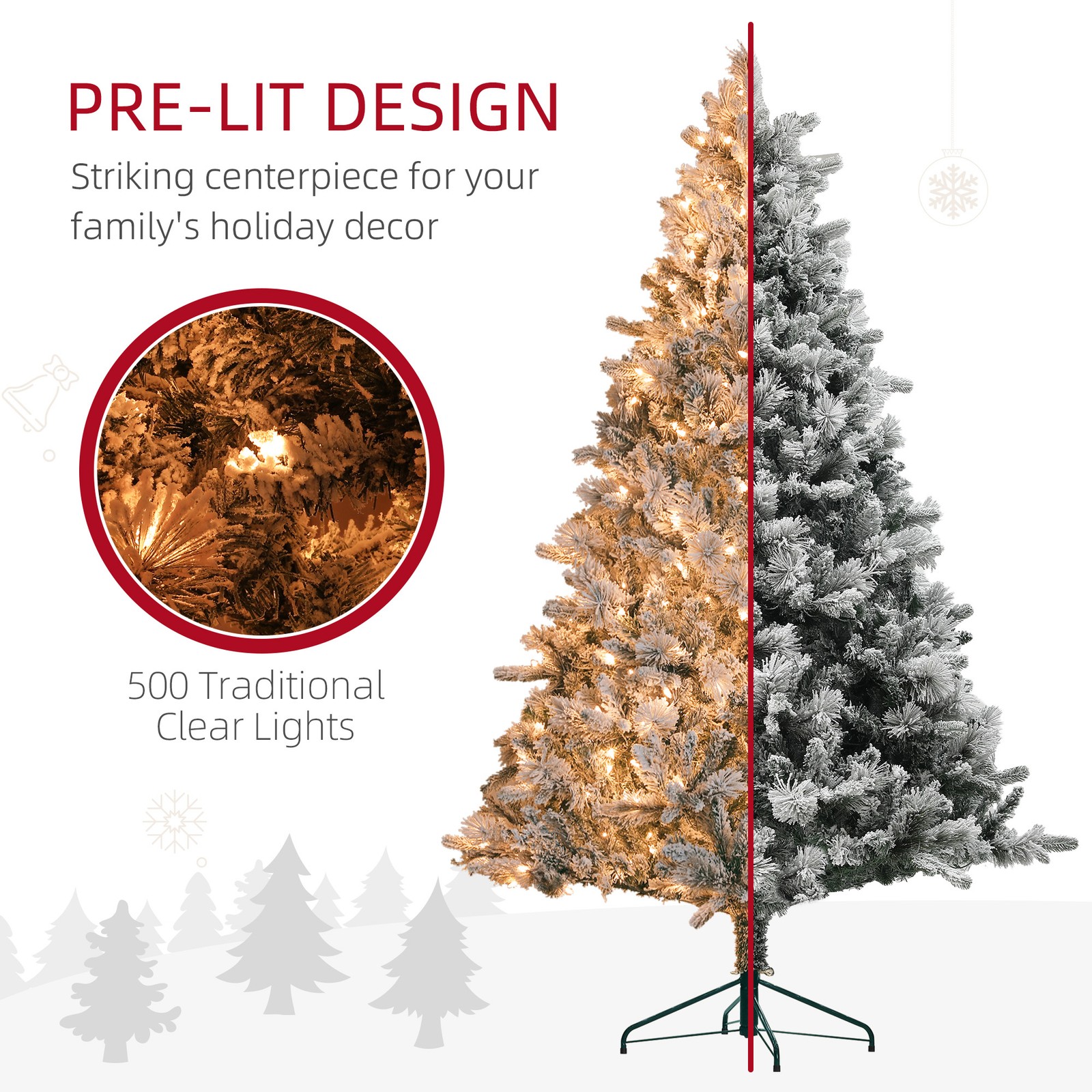HOMCOM 7.5 ft Pre-Lit Artificial Christmas Tree w/500 Clear Lights and 1530 Tips