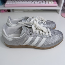 adidas Samba Silver Glitter Trainers UK 4 EU 36 White 3-Stripes Gum Sole