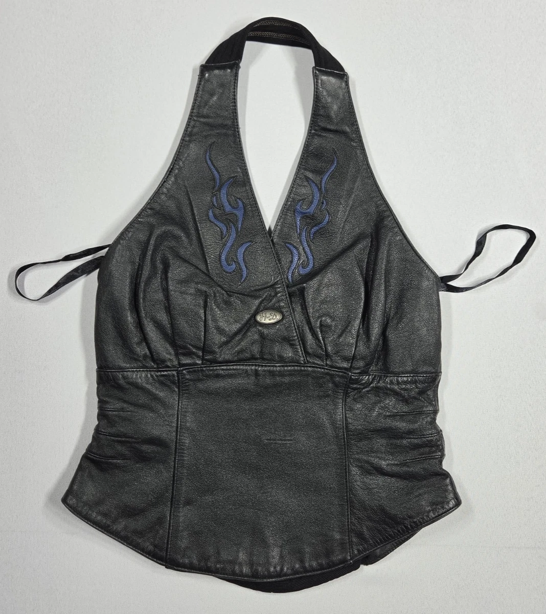 Vintage Harley Davidson Women's 32/4 W Halter Top Lined Blue Flame Leather