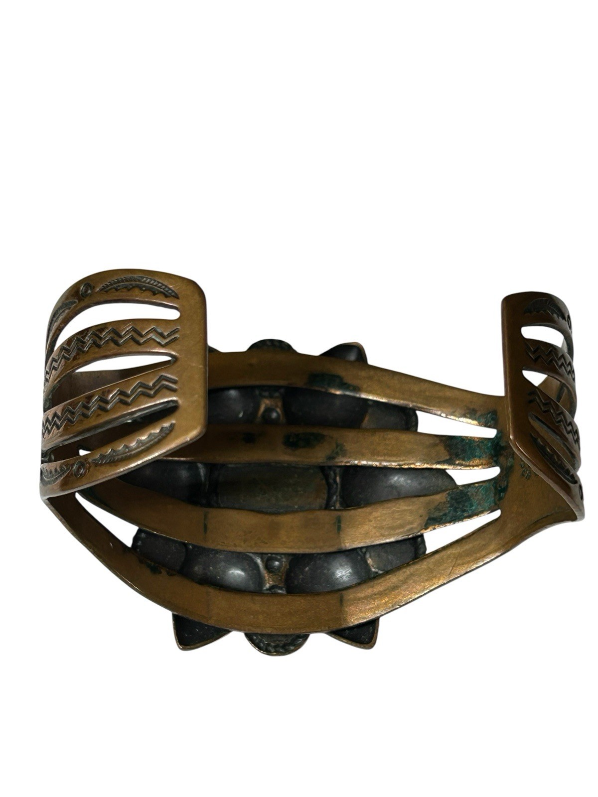 Vintage Solid Copper Turquoise Cluster Cuff Brace… - image 6