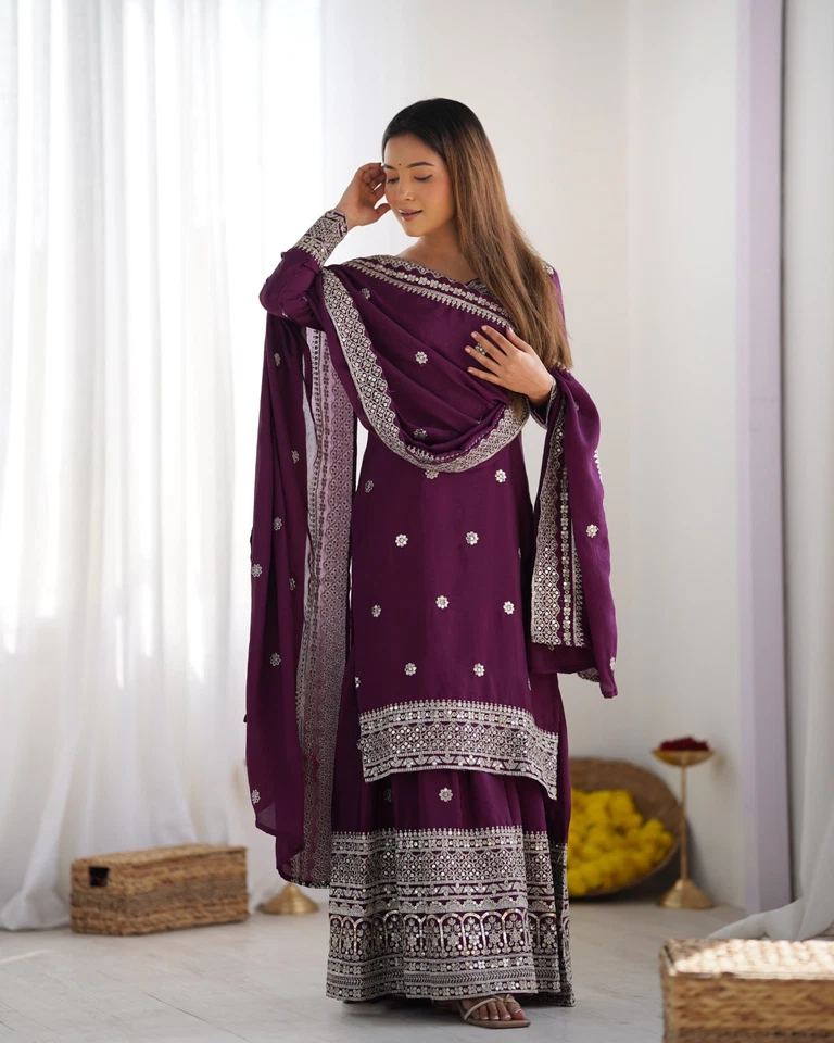 Ethnique Vêtement Vert Chinon Soie Kurta Palazzo Avec Dupatta Pour Femme & - Photo 4/4